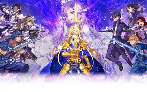 4K Ultra HD desktop wallpaper featuring Quinella, Kirito, Eugeo, and Alice Zuberg from the anime Sword Art Online: Alicization, showcasing dynamic action poses.