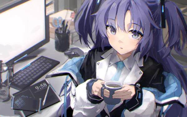 HD PC desktop wallpaper of Hayase Yuuka from the video game Blue Archive, featuring her holding a cup in a detailed, modern office setting.