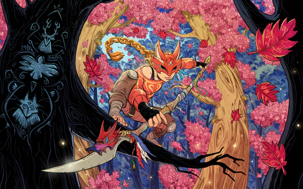 Fortnite loading screen: fox-masked warrior lunges with a spear amid pink blossom trees — vibrant video game scene rendered as 4K Ultra HD PC desktop wallpaper/background.