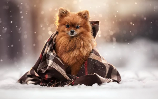 A fluffy spitz dog wrapped in a plaid blanket sits in the snow with gently falling snowflakes, captured in a high-definition PC desktop wallpaper.