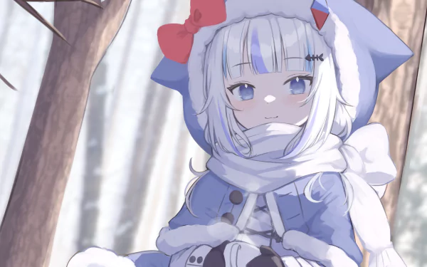 HD PC desktop wallpaper featuring anime-style Virtual YouTuber Gawr Gura from hololive, dressed warmly in a winter forest setting.