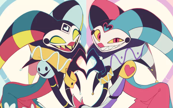 HD PC desktop wallpaper of Robo Fizz and Fizzarolli from Helluva Boss (TV show): mirrored jester robots in pastel colors forming a heart-shaped pose as a vibrant background.