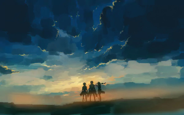 4K Ultra HD Attack on Titan anime wallpaper featuring silhouettes of Eren Yeager, Mikasa Ackerman, and Armin Arlert against a dramatic sky background.