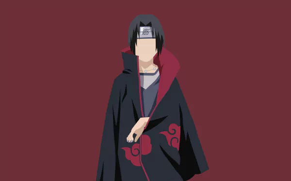 4K Ultra HD anime wallpaper featuring Itachi Uchiha from Naruto, set against a solid maroon background with his signature Akatsuki cloak.