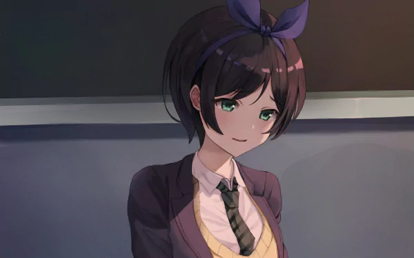 Ruka Sarashina from Rent-A-Girlfriend — anime HD PC desktop wallpaper: soft smile, short dark hair with ribbon, green eyes, school uniform against a muted indoor backdrop.