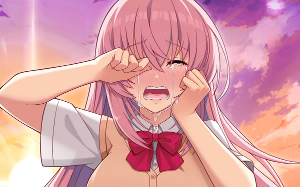 HD desktop wallpaper of Honami Ichinose from Classroom of the Elite, tearful and wiping her eyes in a school uniform against a vivid sunset sky.