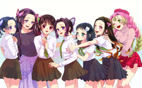 HD anime desktop wallpaper featuring Kanao Tsuyuri, Makomo, Shinobu Kochou, Kanae Kocho, Aoi Kanzaki, Mitsuri Kanroji, and Nezuko Kamado from Demon Slayer: Kimetsu no Yaiba.