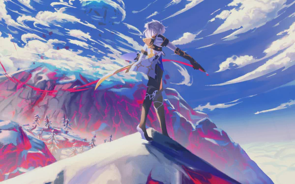 HD PC desktop wallpaper featuring Albedo from the video game Genshin Impact, standing on a snowy peak with a dramatic sky and mountainous landscape in the background.