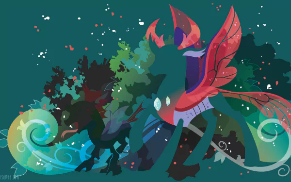 Minimalist 4K desktop wallpaper of Pharynx from My Little Pony: Friendship Is Magic — colorful winged silhouette with swirling teal accents on a deep teal background.