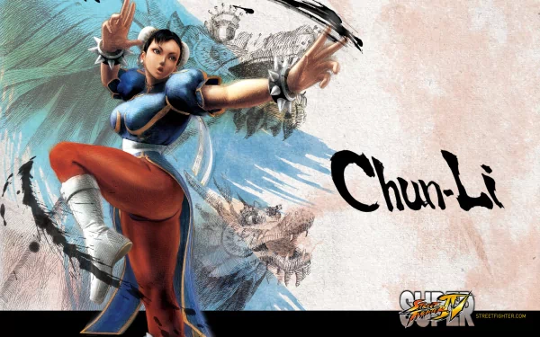 HD PC desktop wallpaper featuring Chun-Li from the video game Super Street Fighter IV in a dynamic fighting pose with stylized background art.