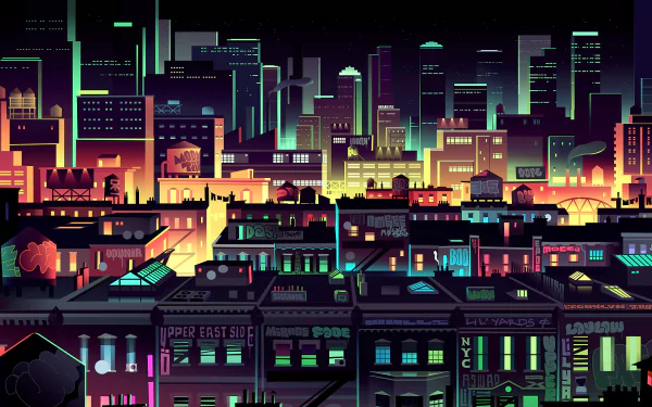 Artistic neon cityscape at night, layered rooftops and glowing skyscrapers in vibrant teal, magenta and gold. 4K Ultra HD PC desktop wallpaper.