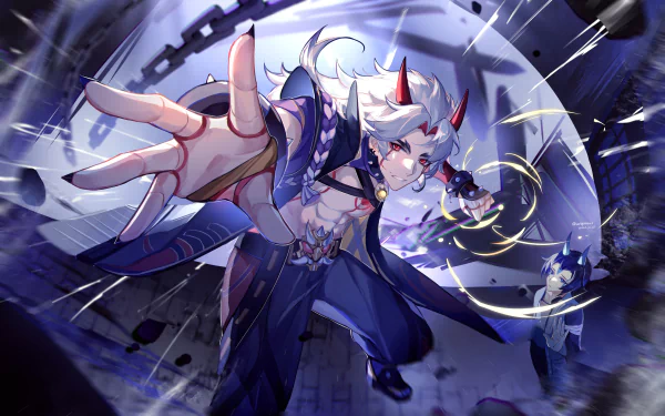 Arataki Itto from the video game Genshin Impact, rendered as a 5K Ultra HD PC Desktop Wallpaper and Background — lunging forward with white hair, horns and a glowing club.