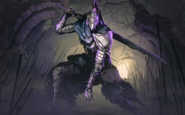 Dark Souls III video game 5K Ultra HD PC desktop wallpaper/background: purple-lit armored knight crouches with a greatsword amid misty ruins and shattered stone arches.