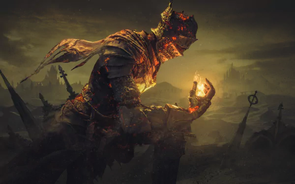 4K Ultra HD Dark Souls III wallpaper featuring a fiery armored warrior holding a glowing ember against a dark, eerie battlefield background.
