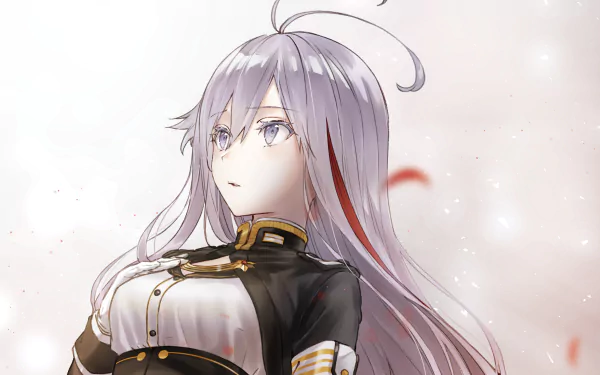 Vladilena Milizé from Eighty Six, anime HD PC desktop wallpaper: long silver-lilac hair with a red streak, military uniform, gazing upward against a soft, glowing background.