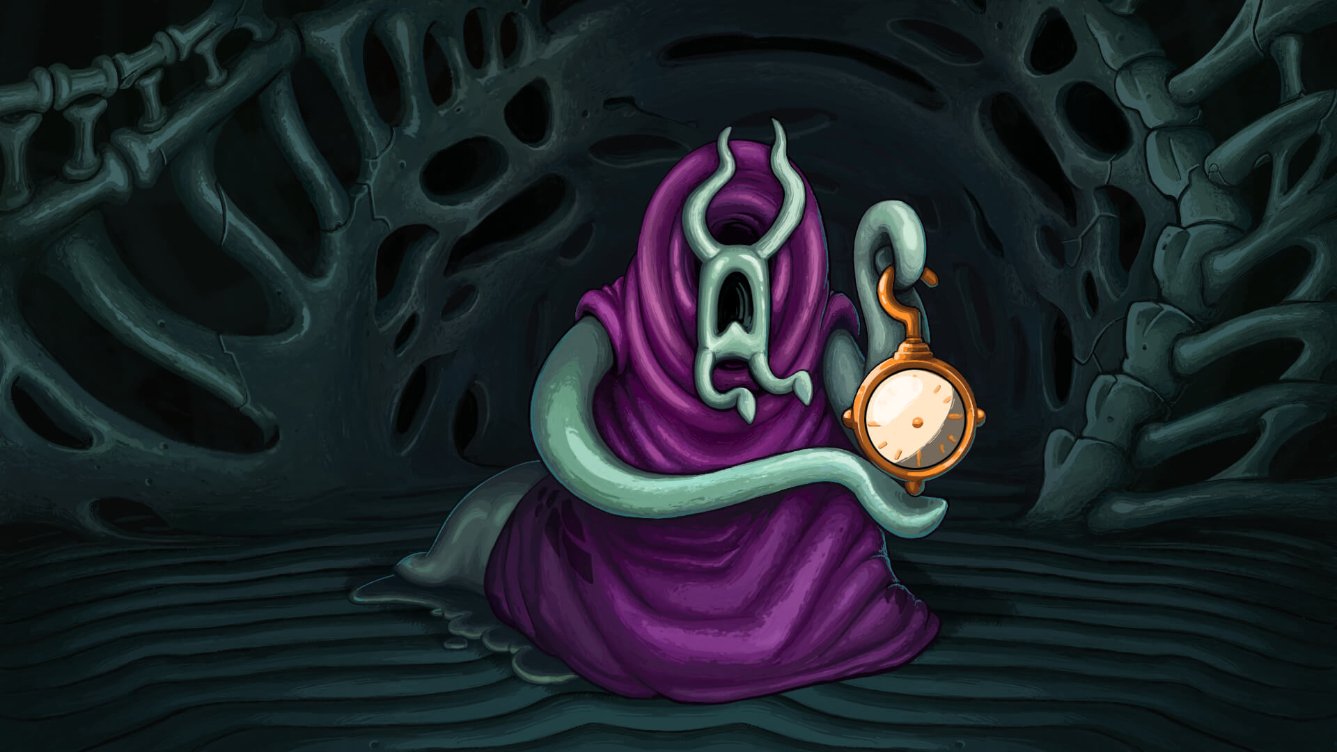 HD desktop wallpaper featuring Slay the Spire game character with mystical clock in eerie setting.