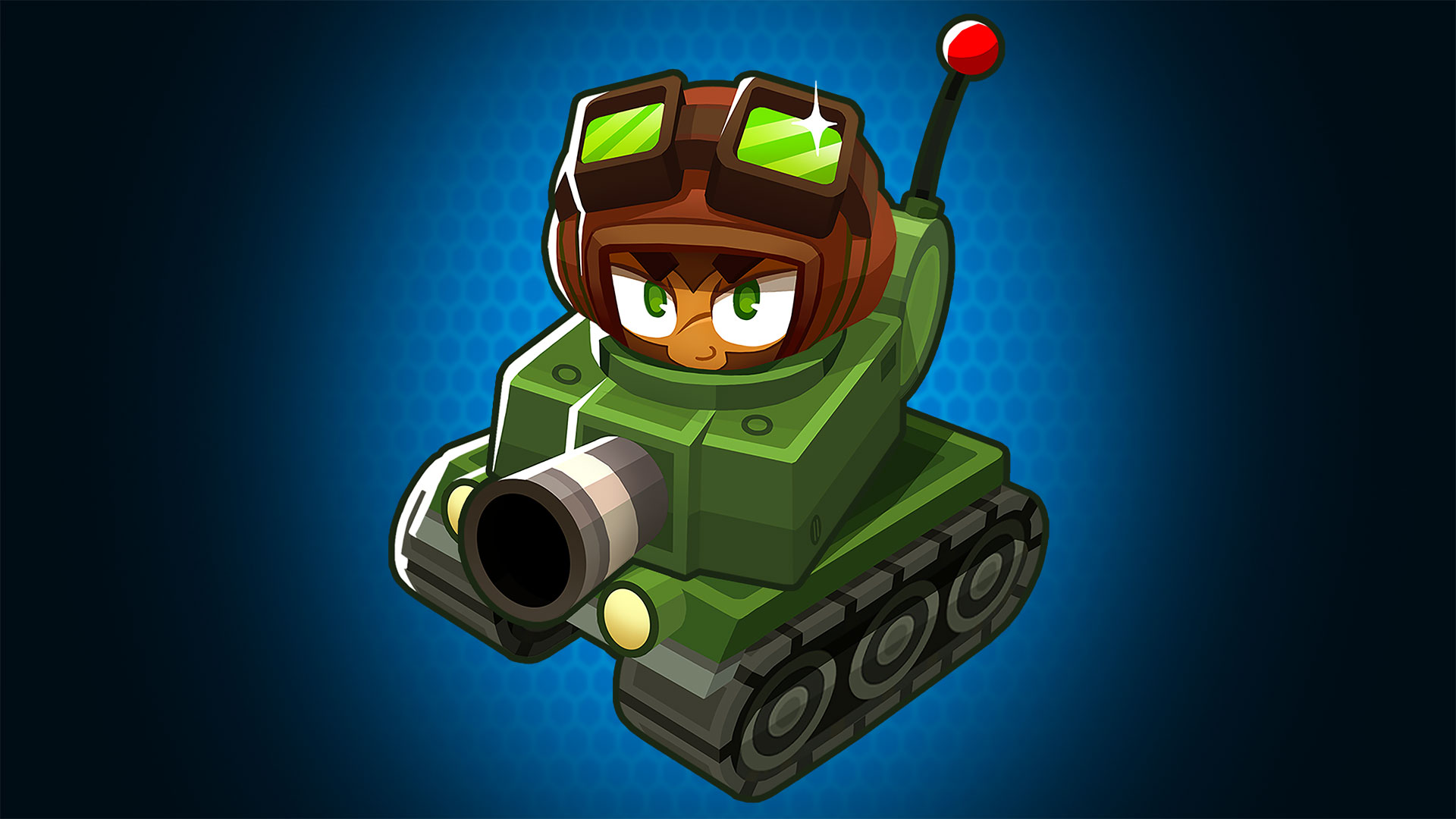 Bloons TD 6 HD desktop wallpaper featuring a cartoon monkey in a military tank against a blue background.