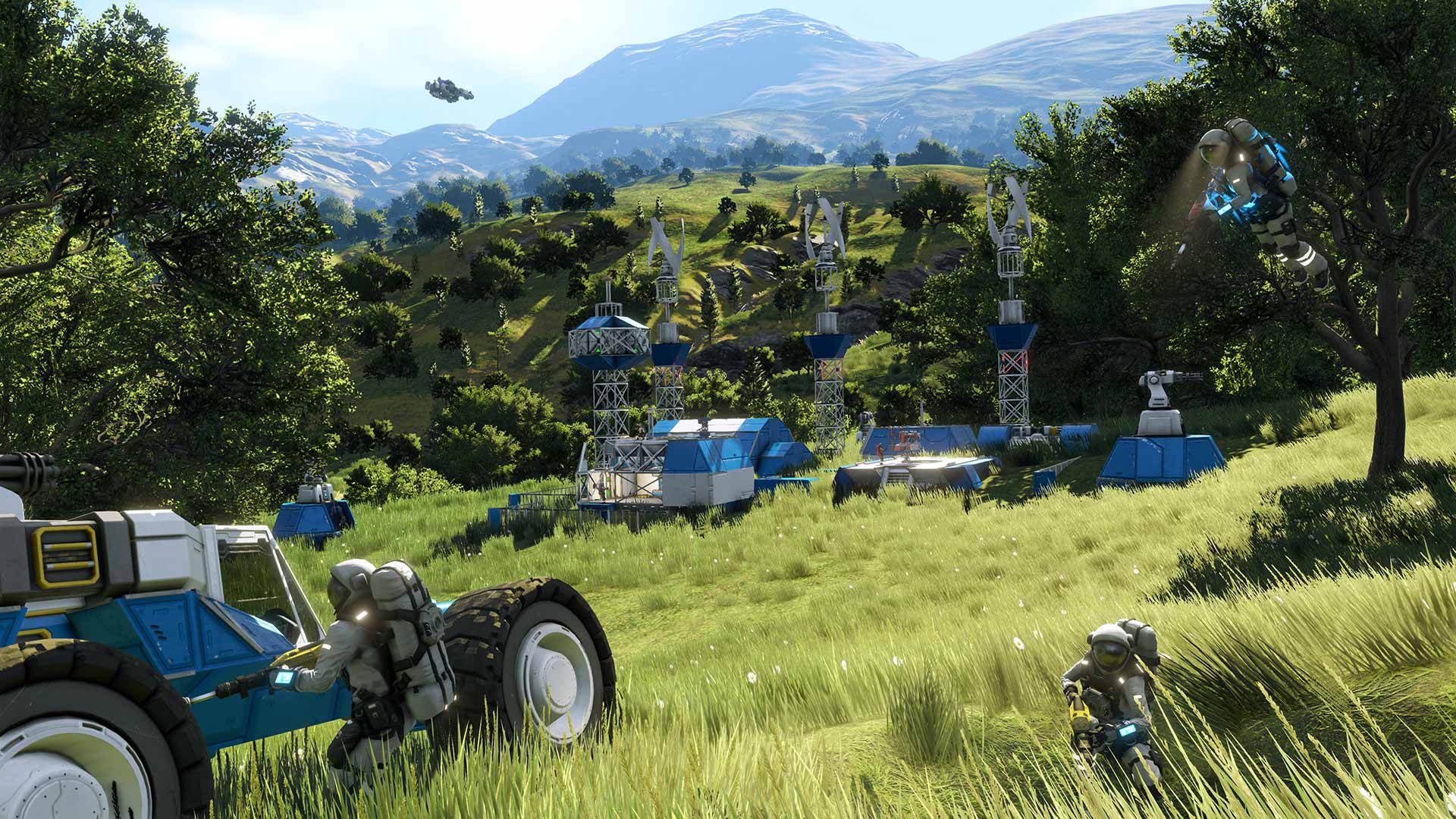 HD desktop wallpaper of Space Engineers game featuring a scenic landscape with engineers, a rover, and structures.