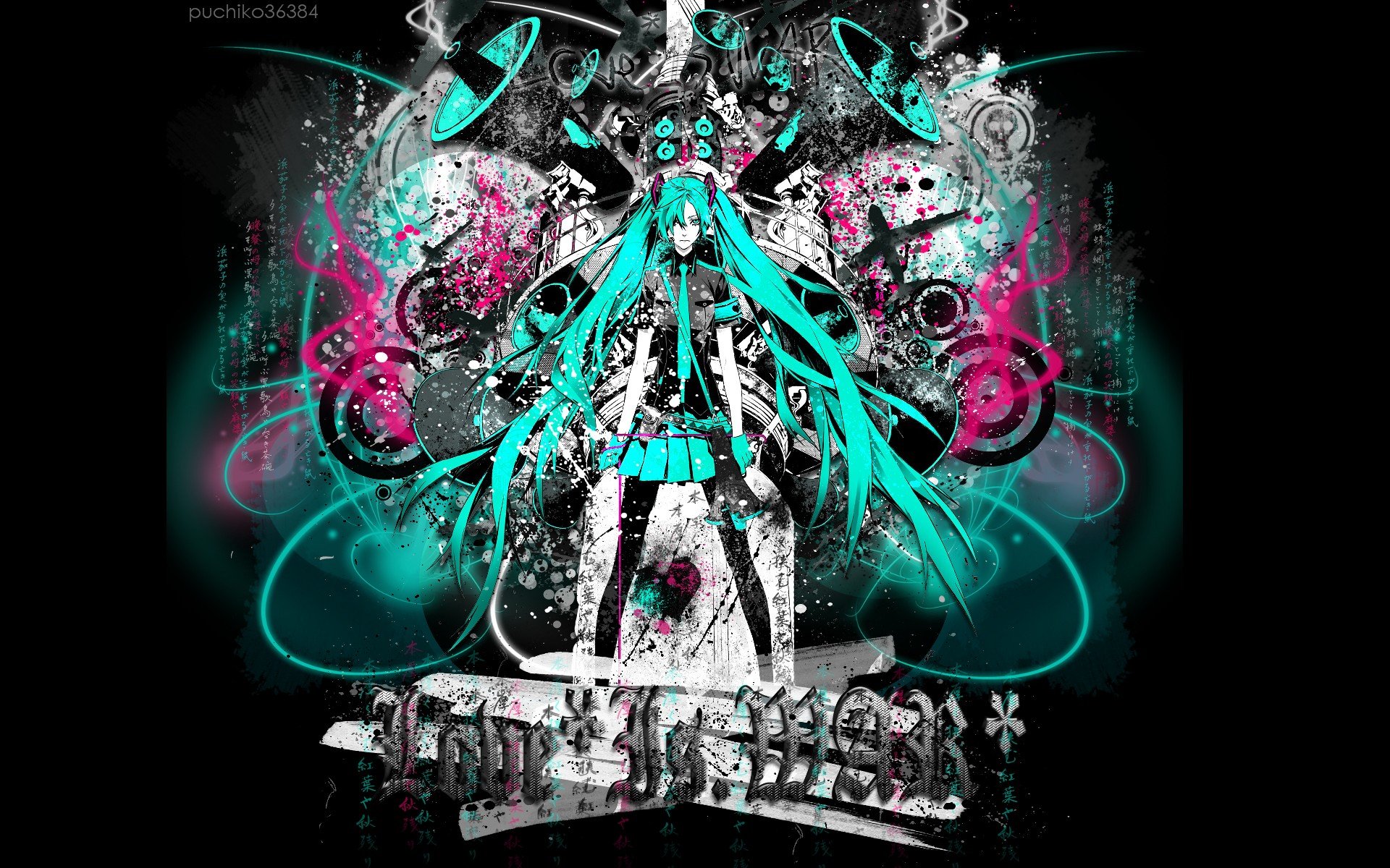 HD anime desktop wallpaper featuring Hatsune Miku from Vocaloid, styled with Love is War theme, blending vibrant teal and pink abstract elements.