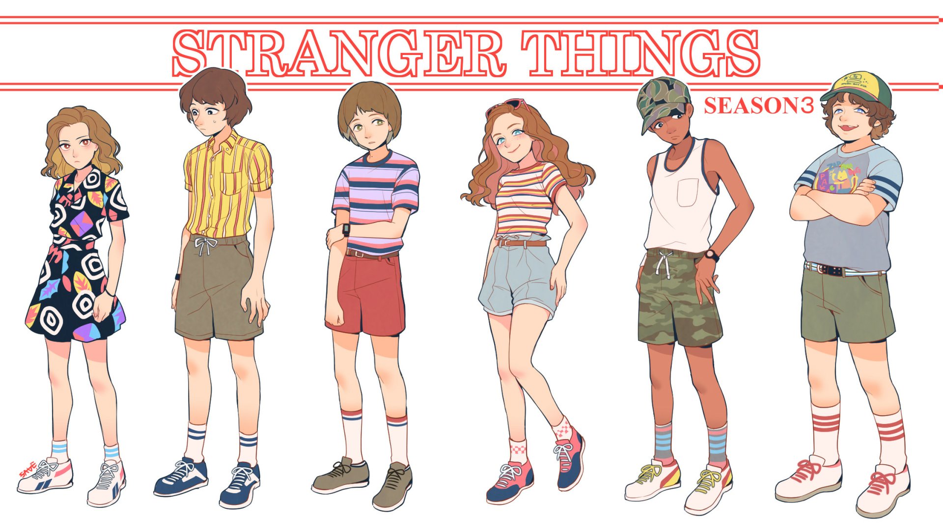 HD PC desktop wallpaper of Stranger Things: cartoon lineup of Dustin, Lucas, Will, Mike, Max and Eleven in summer outfits with the show's logo.