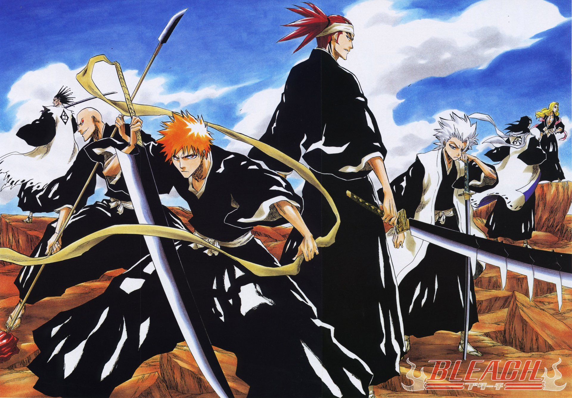 HD PC desktop wallpaper featuring anime characters Ichigo Kurosaki, Rangiku Matsumoto, Byakuya Kuchiki, Tōshirō Hitsugaya, Kenpachi Zaraki, Ikkaku Madarame, and Renji Abarai from Bleach.