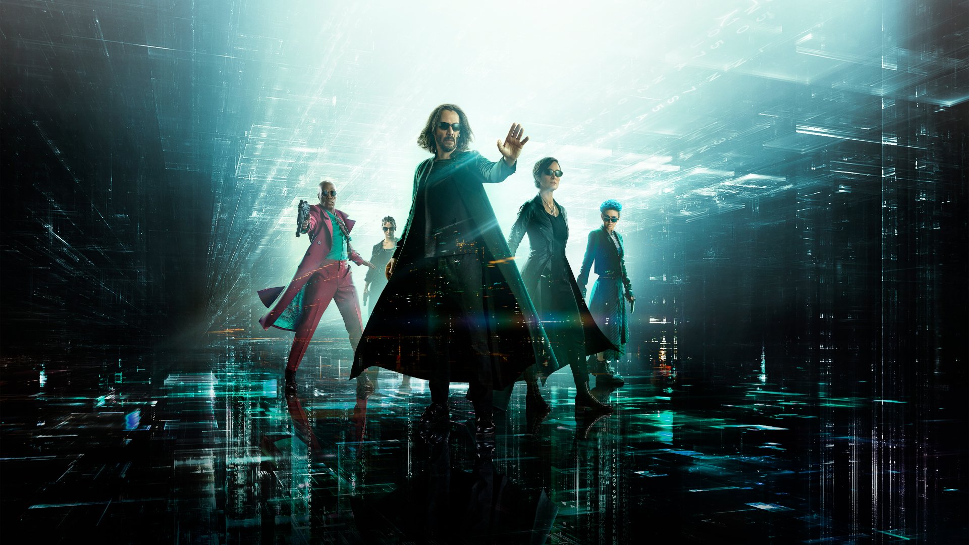 Neo, Trinity, and Morpheus from The Matrix Resurrections movie, portrayed by Keanu Reeves, Carrie-Anne Moss, and Yahya Abdul-Mateen II on a HD desktop wallpaper.