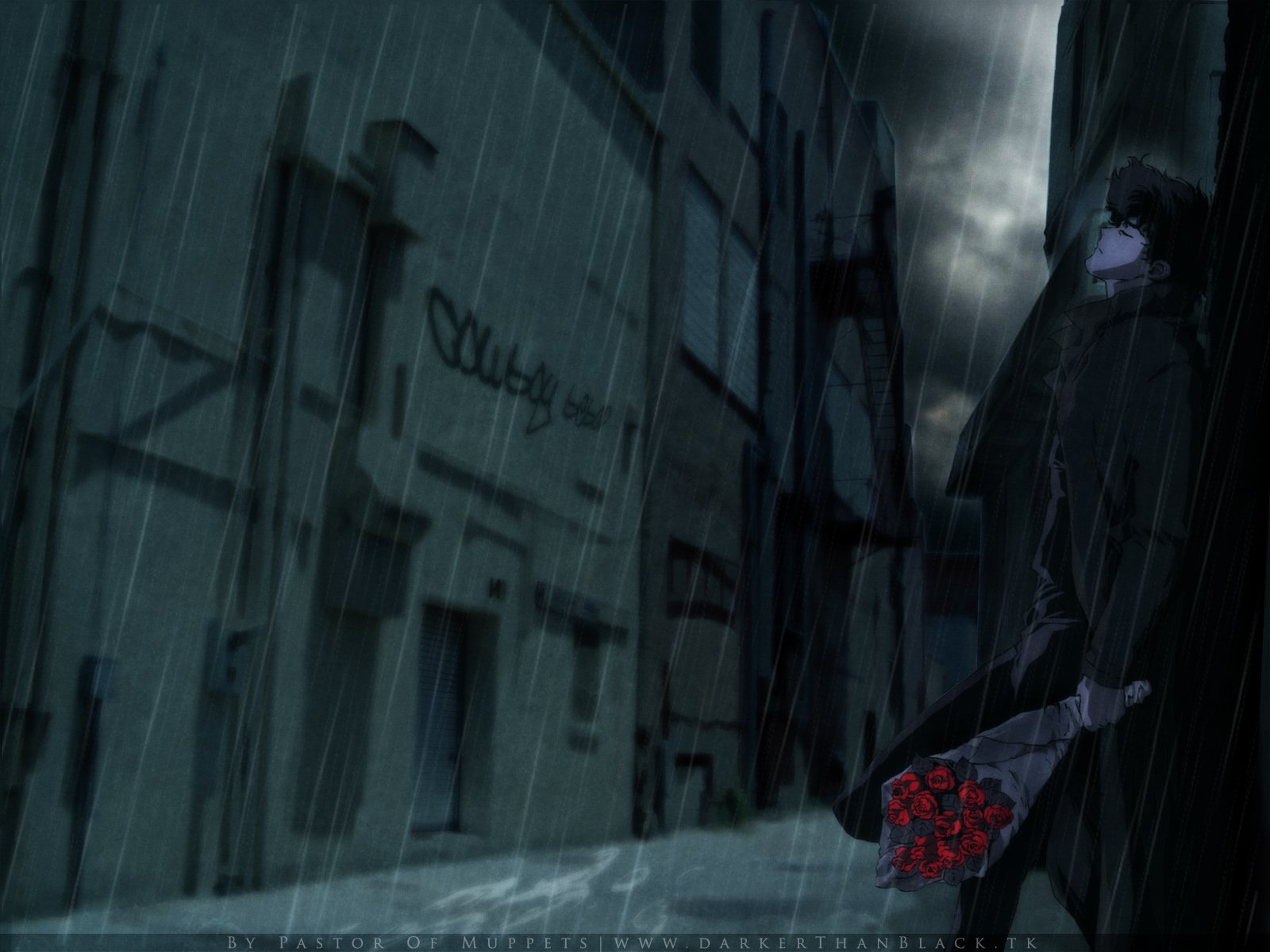 Dark, rainy street scene from the anime Cowboy Bebop, featuring a shadowy figure holding red flowers, rendered as an HD PC desktop wallpaper.