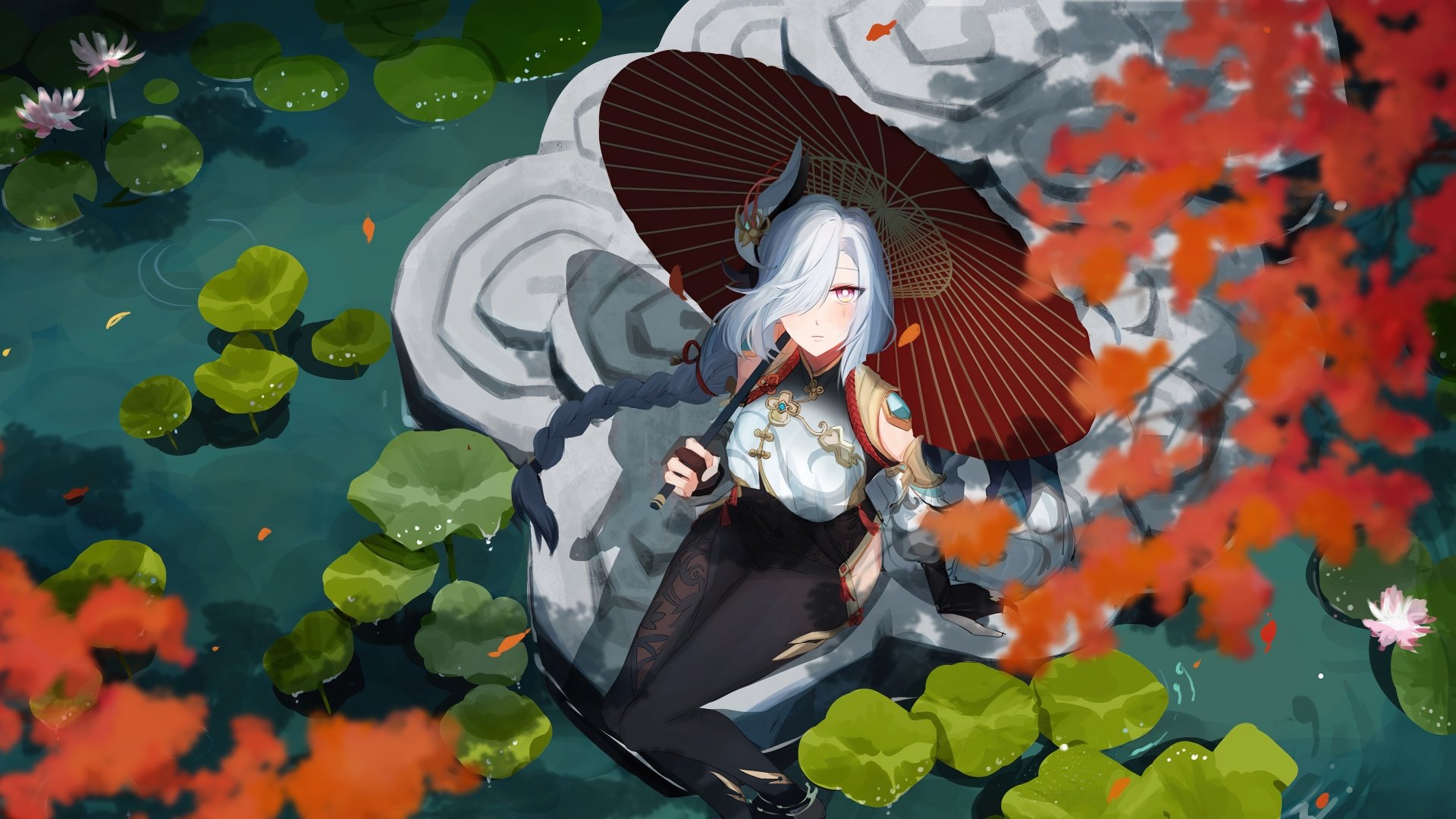 Shenhe (Genshin Impact) sits on a carved stone among lotus pads, holding a red paper umbrella as maple leaves fall — 4K Ultra HD PC desktop wallpaper, video game Genshin Impact background.