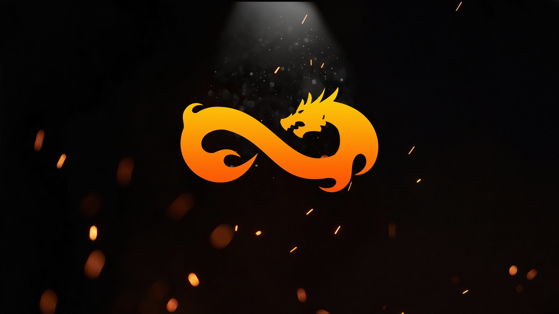 Video game Counter-Strike: Global Offensive 4K Ultra HD PC desktop wallpaper: orange dragon-shaped infinity logo under a spotlight on a dark background with flying embers.