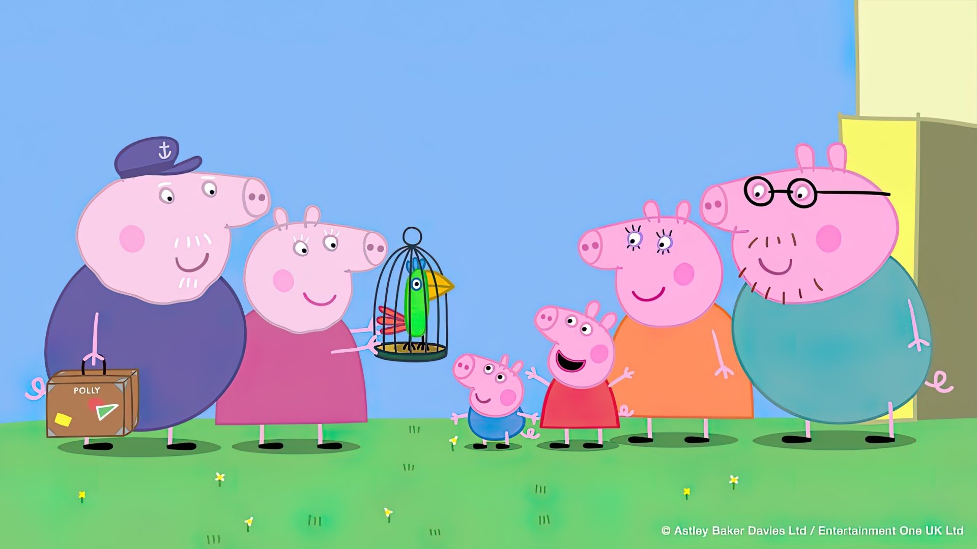 Colorful Peppa Pig scene featuring the Pig family and friends, joyfully gathered around a birdcage in a vibrant, sunny backdrop. Perfect HD desktop wallpaper for fans of the show.