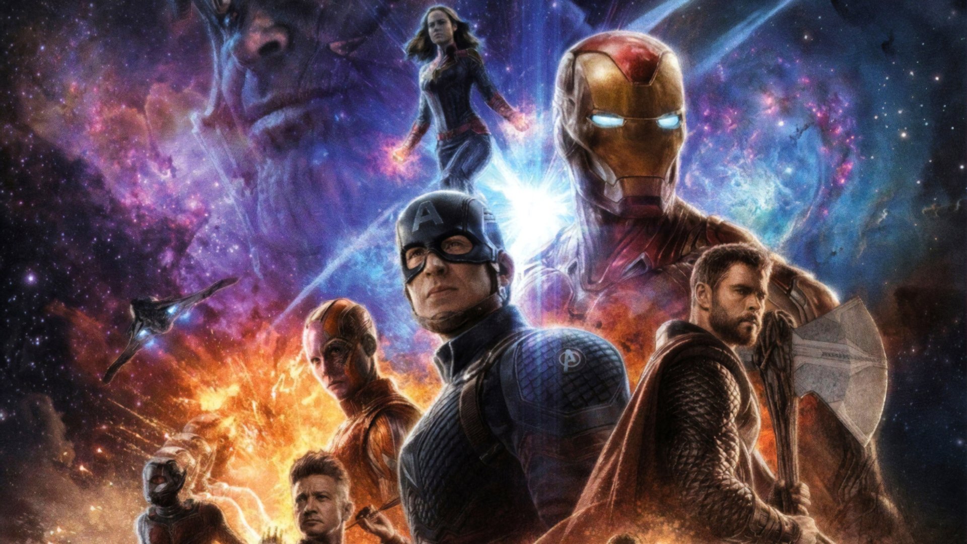 HD PC desktop wallpaper featuring Marvel Comics characters Scott Lang, Clint Barton, Thanos, Captain Marvel, Iron Man, Thor, Nebula, Captain America, and Hawkeye from Avengers Endgame.