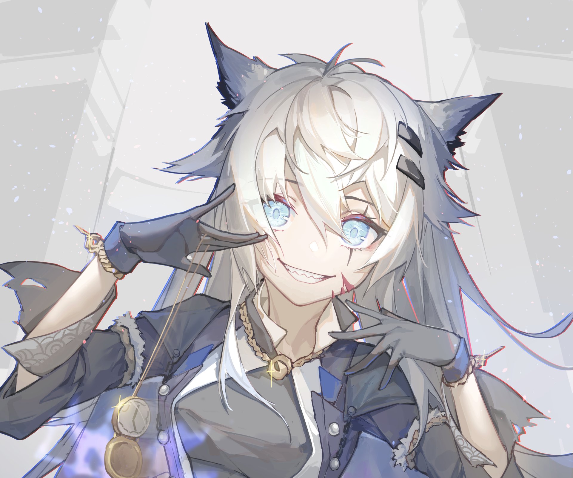 Lappland (Arknights) portrait — white-haired wolf-eared character with icy blue eyes and mischievous smile, wearing dark coat and gloves. 4K Ultra HD PC desktop wallpaper, Arknights video game.