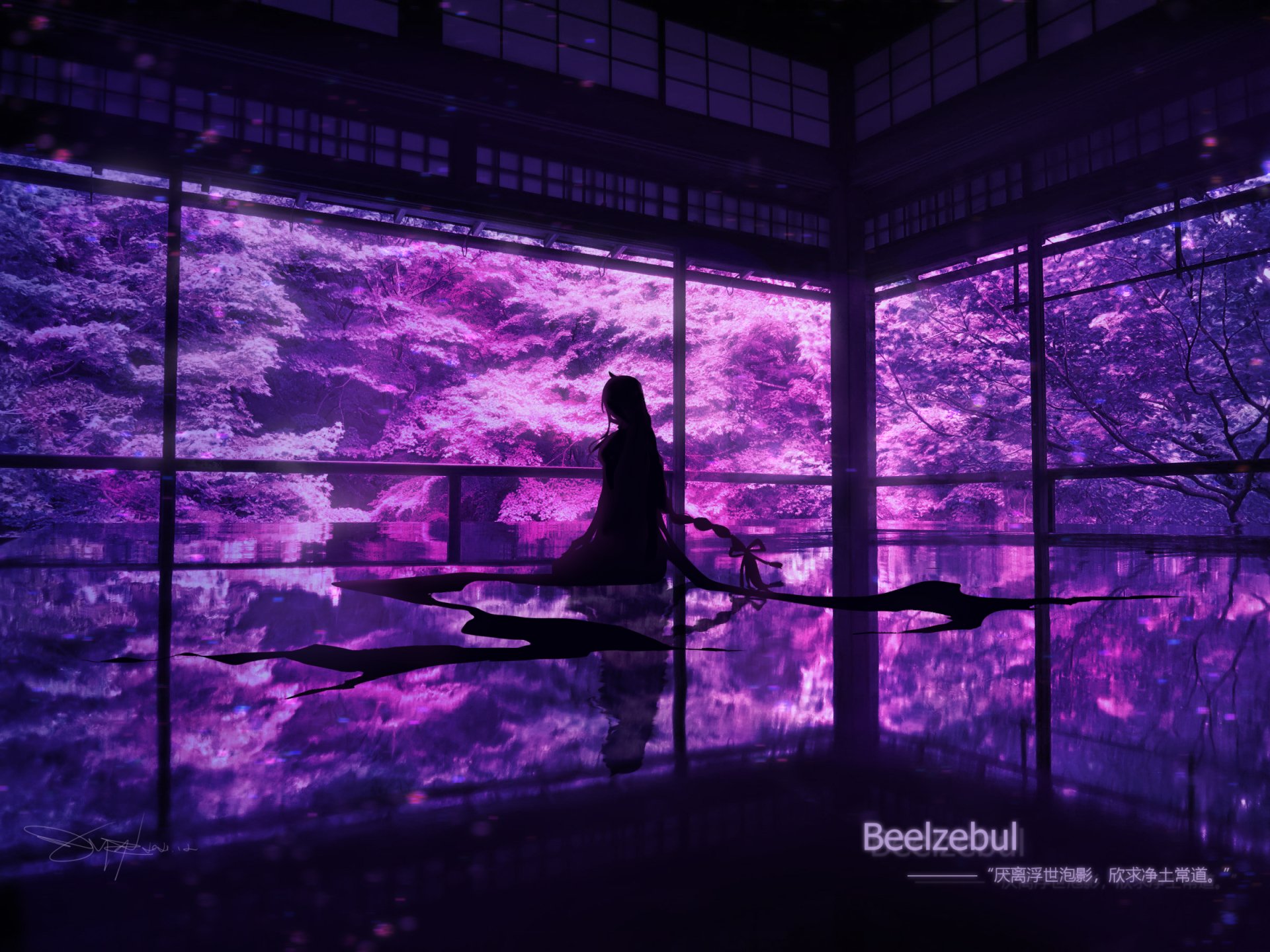 HD wallpaper featuring Baal Raiden Shogun from Genshin Impact, silhouetted against a vivid purple, tree-filled landscape viewed through large windows.