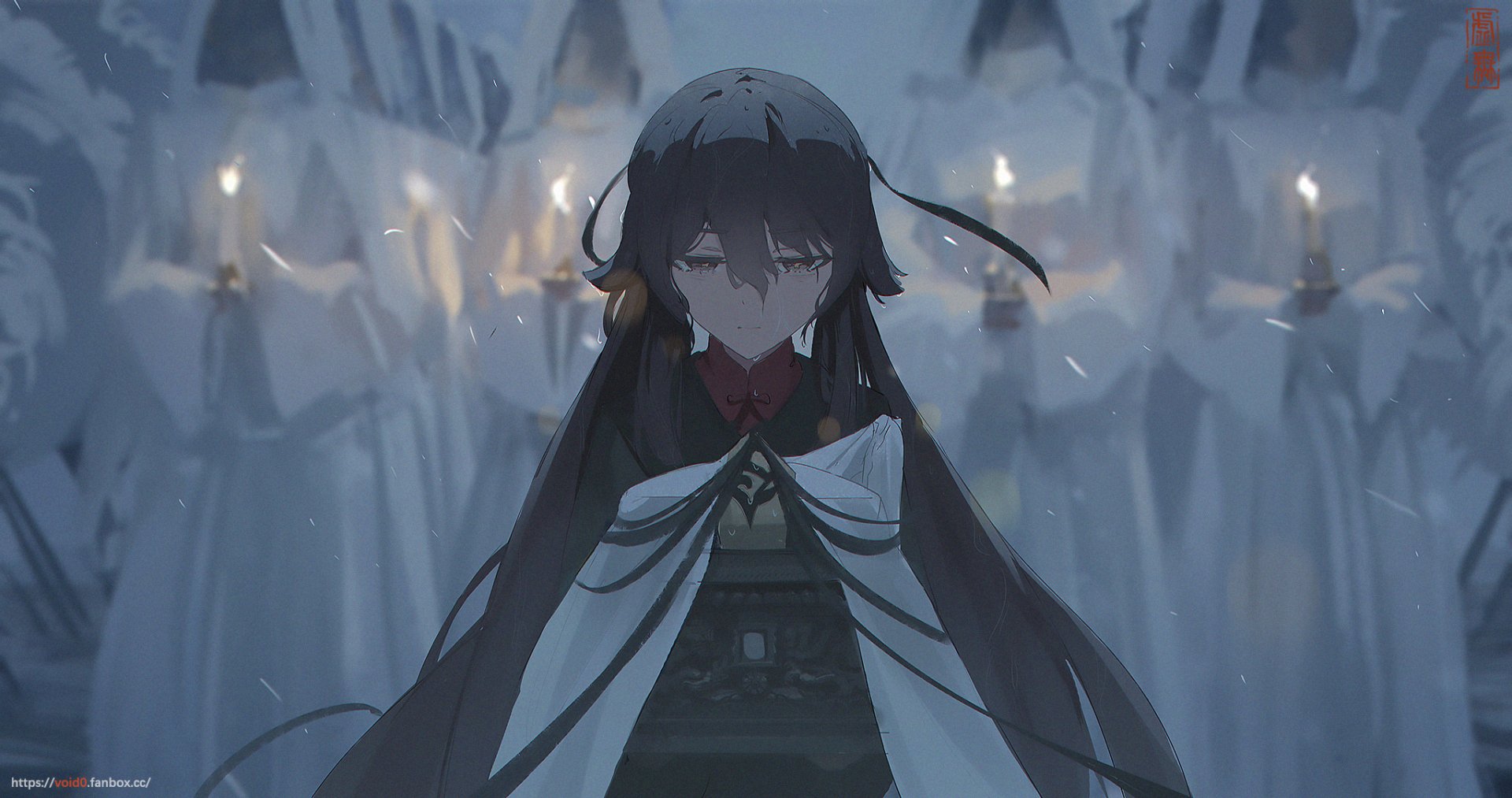 HD PC desktop wallpaper of Hu Tao from the video game Genshin Impact, set against a dark, misty background with glowing candles.