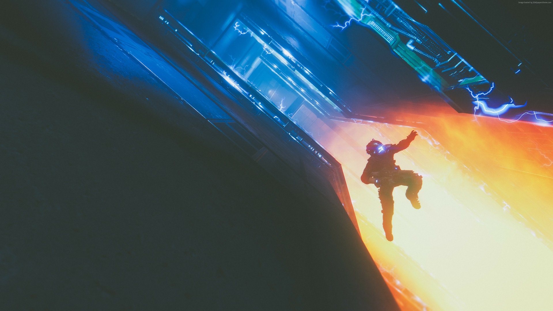 Titanfall 2 video game 4K Ultra HD PC desktop wallpaper: a pilot leaps through a glowing blue and orange energy rift inside a futuristic industrial corridor.
