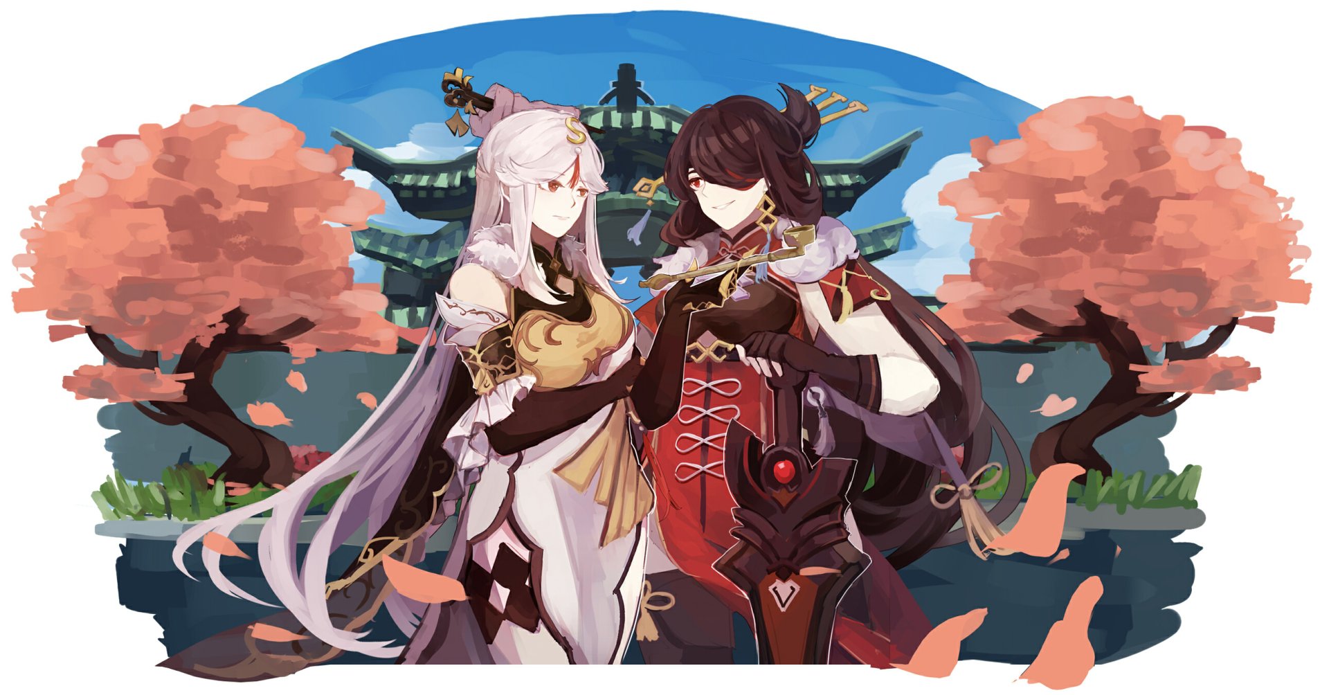 HD PC desktop wallpaper: Ningguang and Beidou from Genshin Impact posed before a temple amid pink cherry blossoms.