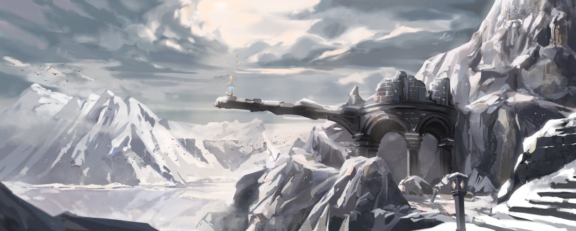 Genshin Impact video game scenery: 5K Ultra HD PC desktop wallpaper and background depicting a snowy mountain fortress with a long cliffside platform under a dramatic, stormy sky.