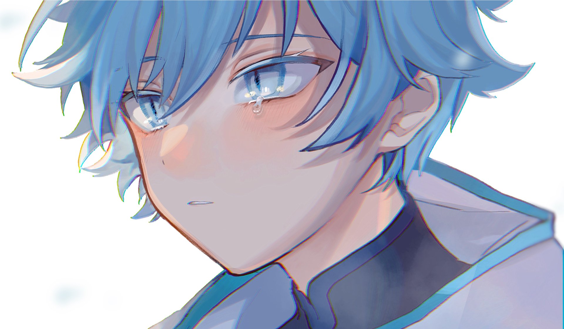 Chongyun (Genshin Impact) close-up portrait with icy blue hair and pale skin, artwork for a 2K Quad HD PC desktop wallpaper/background, video game character from Genshin Impact.