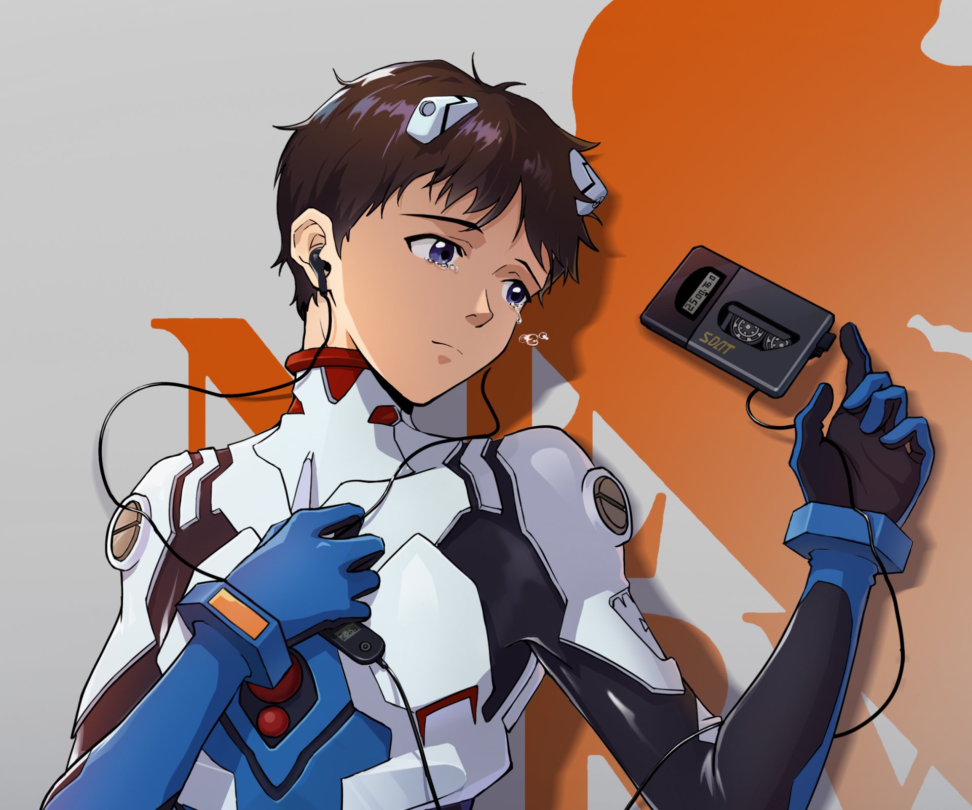 HD PC desktop wallpaper featuring Shinji Ikari from Neon Genesis Evangelion, showcasing the character in his iconic plugsuit with detailed anime art style.