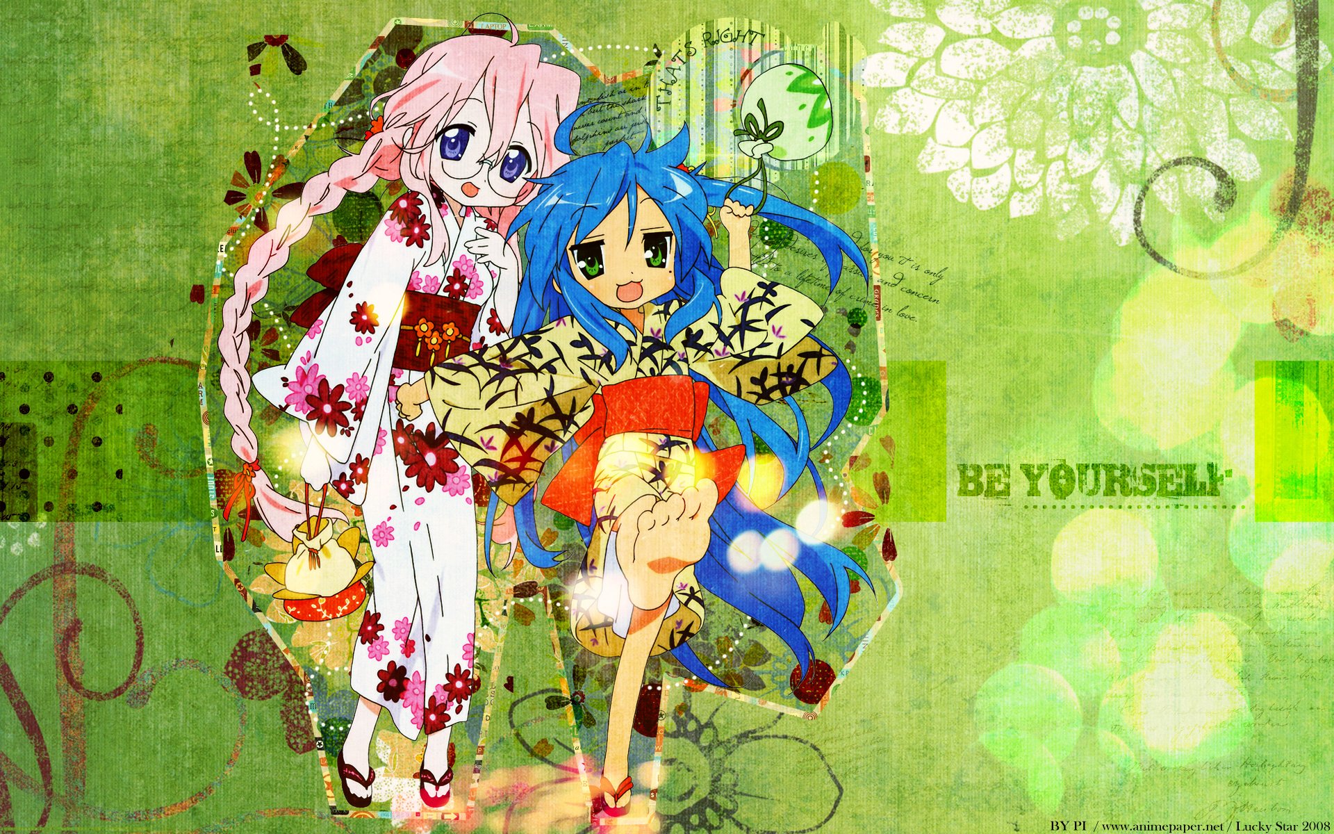 HD anime desktop wallpaper featuring Lucky Star characters Miyuki Takara and Konata Izumi in traditional attire on a green floral background with the phrase Be Yourself.