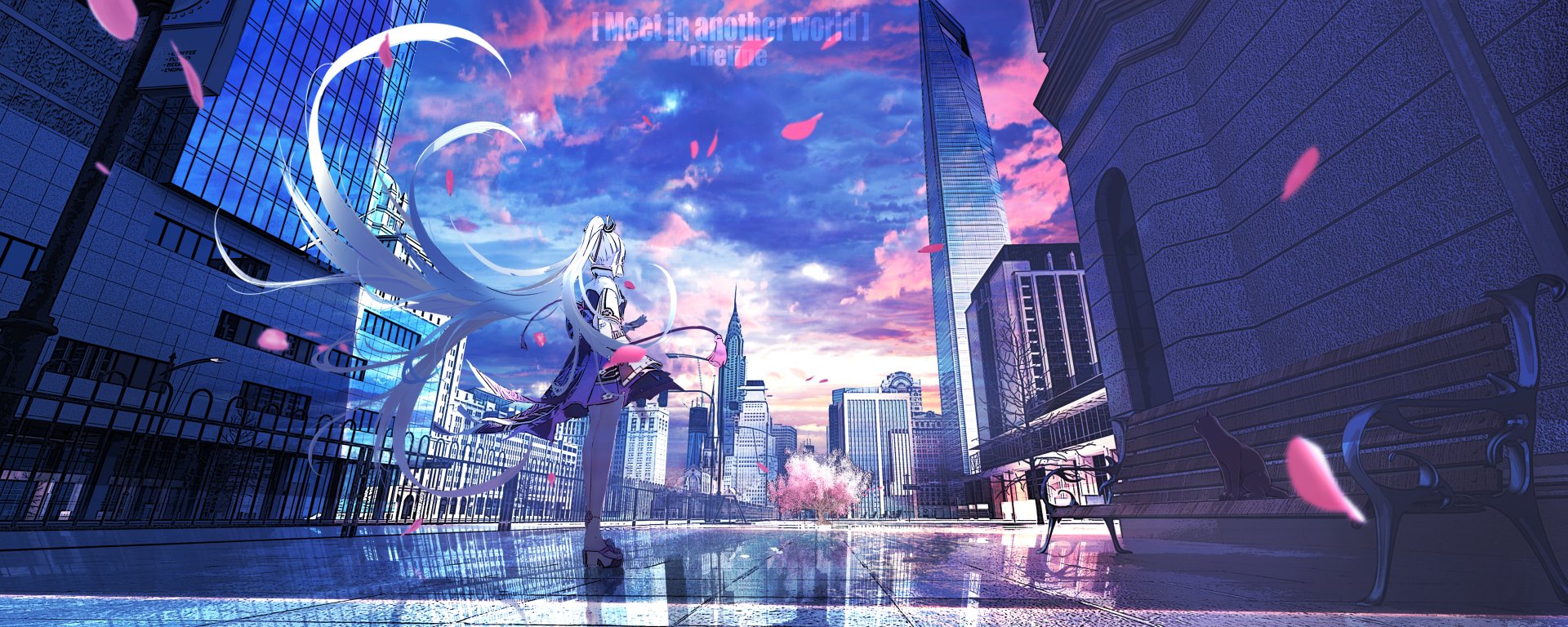 Kamisato Ayaka from Genshin Impact stands gracefully in a vibrant cityscape at sunset, surrounded by striking buildings and colorful skies, creating a captivating HD desktop wallpaper.