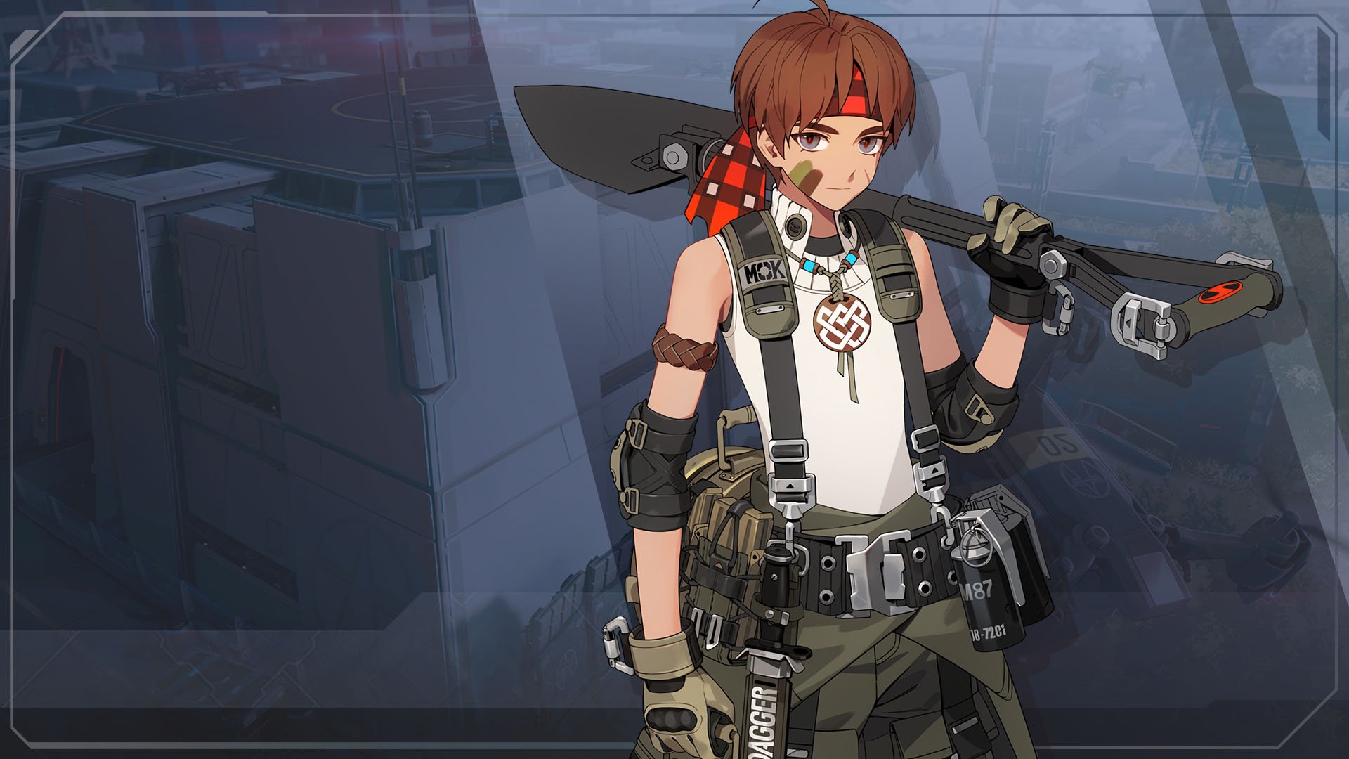 A character from the video game Eternal Return stands confidently with a weapon, set against a stylized background, creating a striking HD desktop wallpaper.