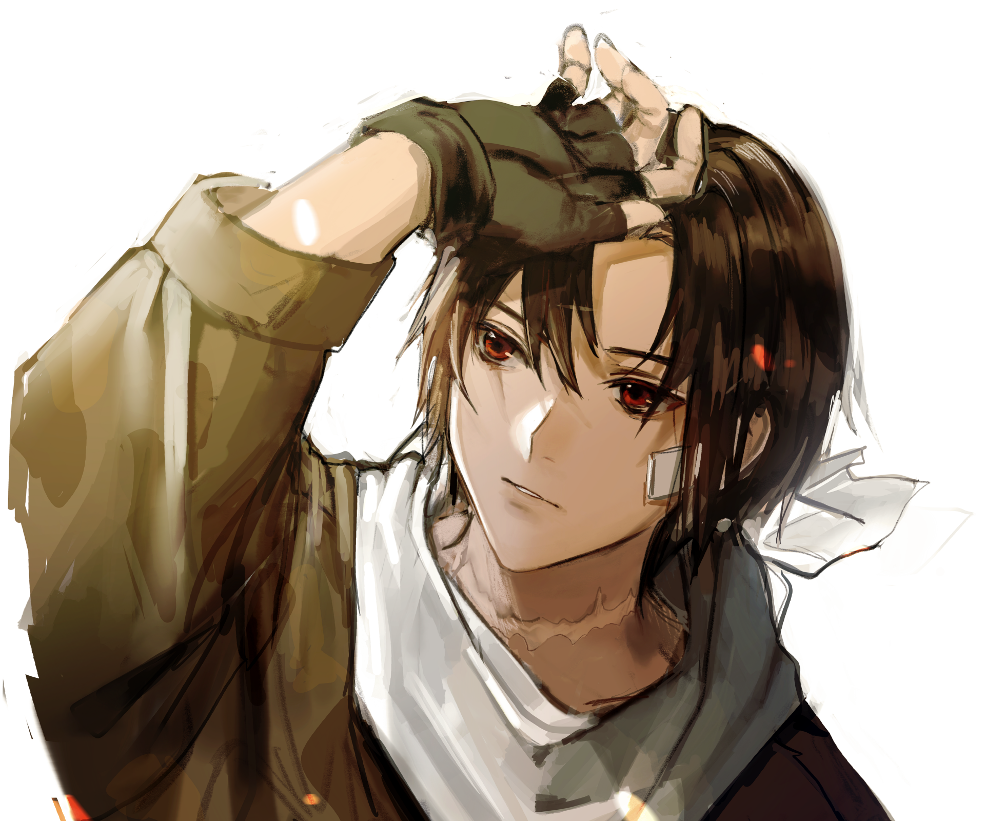 Shinei Nouzen (Eighty Six) anime portrait: dark-haired, red-eyed young man with a cheek bandage and white headband, hand to forehead — 4K Ultra HD PC desktop wallpaper/background.