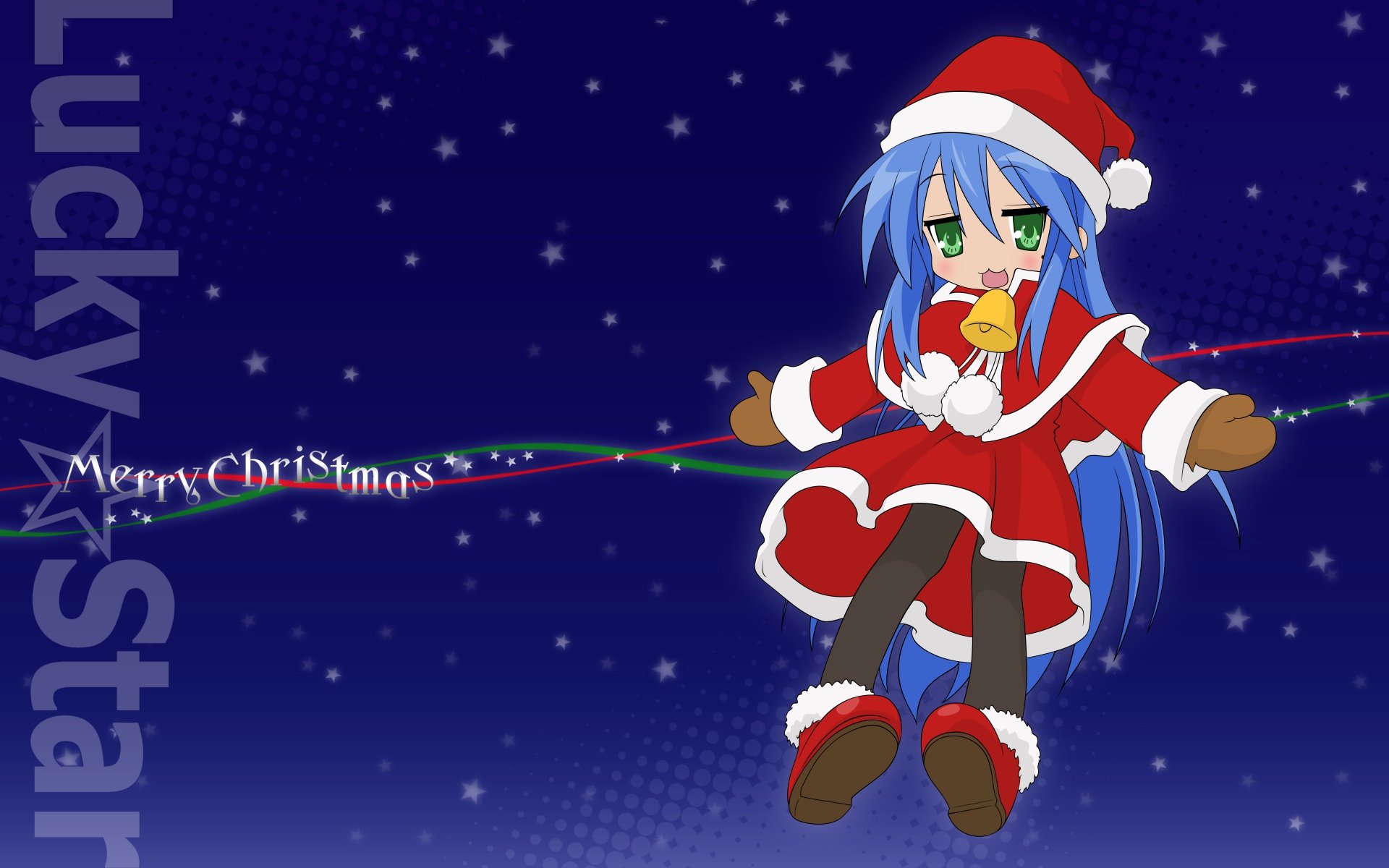 A festive Christmas-themed HD wallpaper featuring Konata Izumi from Lucky Star, dressed in a Santa outfit, with a snowy background and Merry Christmas text.