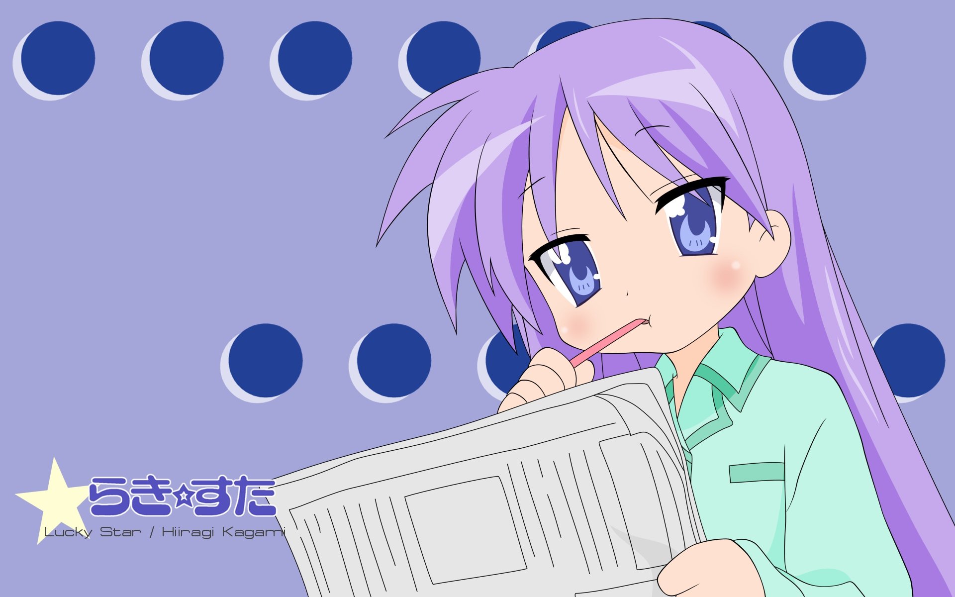 Kagami Hiiragi from Lucky Star — anime HD PC desktop wallpaper/background: purple-haired girl holding papers with a puzzled look on a blue polka-dot backdrop.