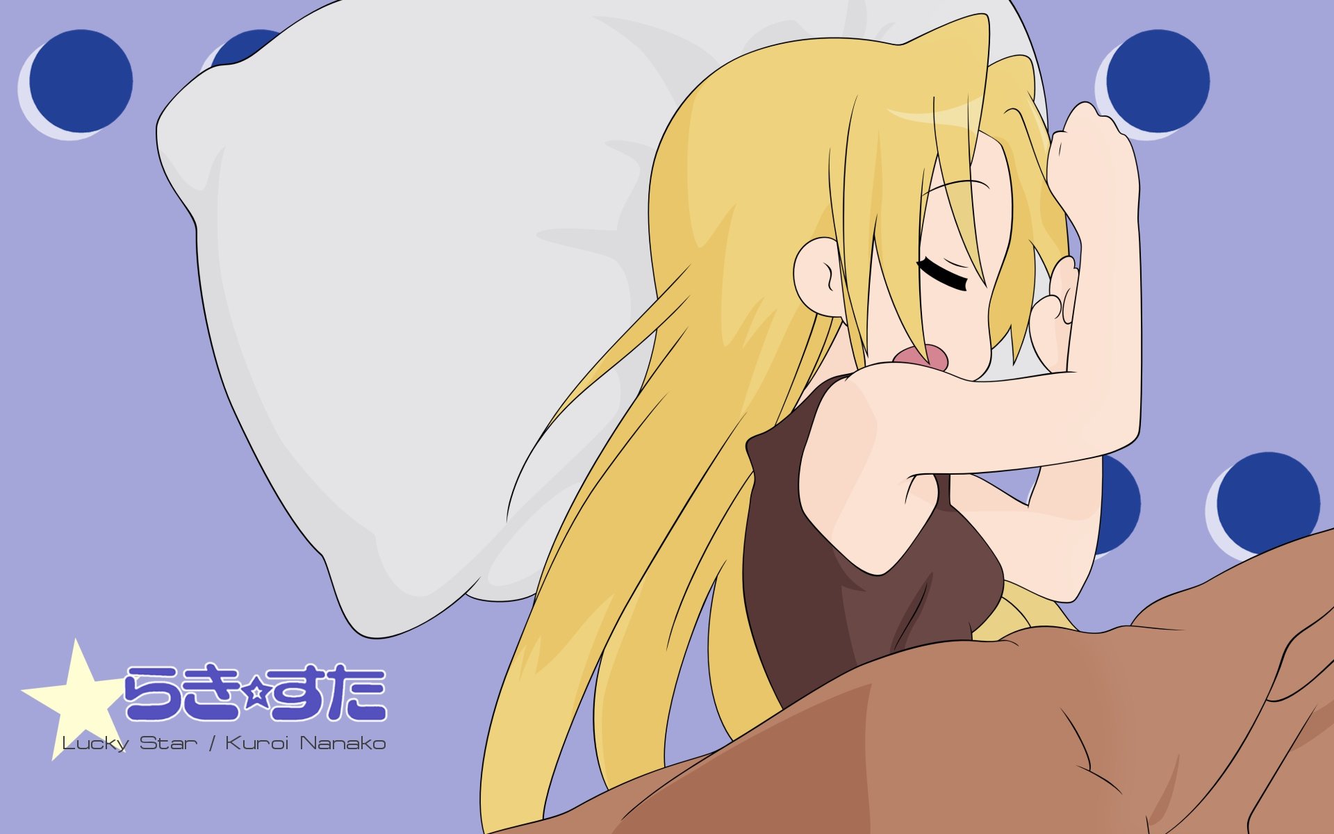 HD PC desktop wallpaper: Nanako Kuroi (Lucky Star) — blonde anime girl sleeping curled against a pillow on a purple background with blue polka dots.