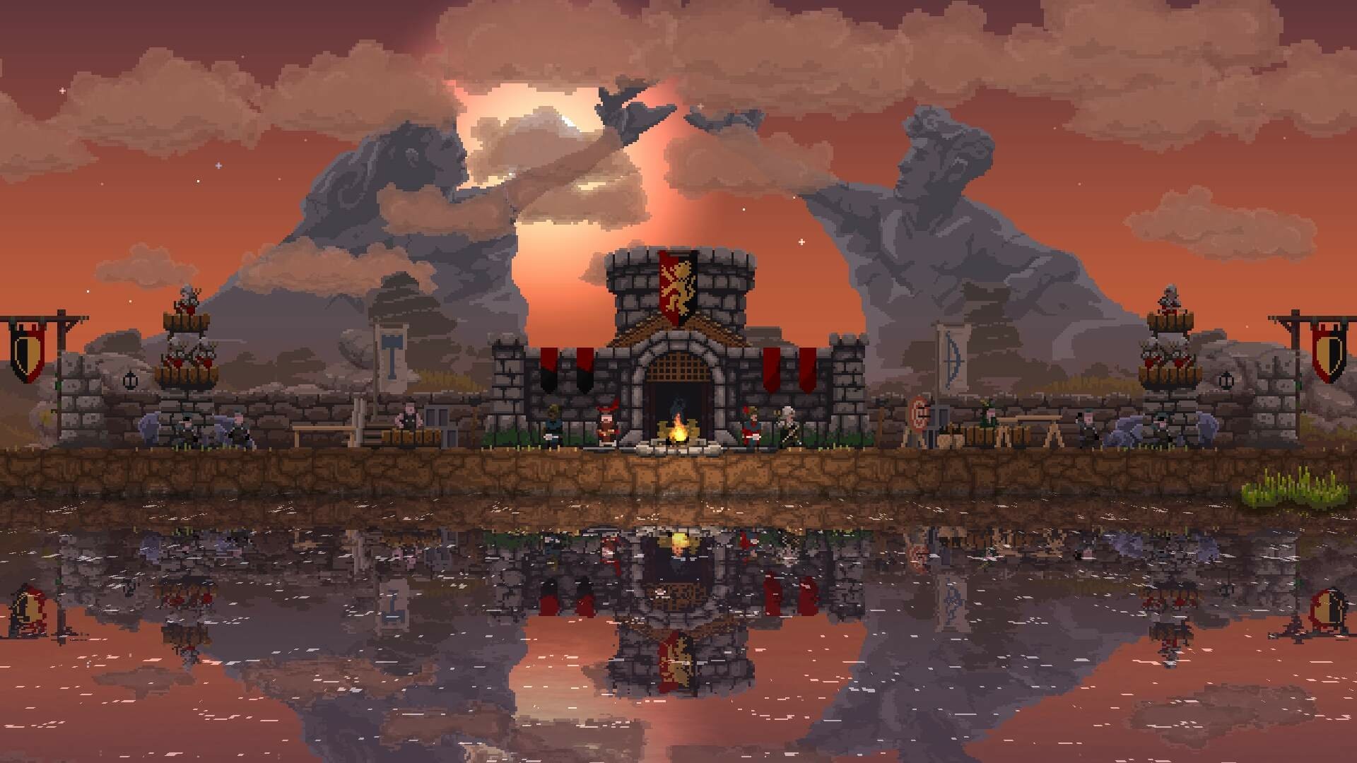 HD desktop wallpaper of Kingdom: Two Crowns game showing a fortified castle gate at sunset with mountains in the background and a reflection on water.