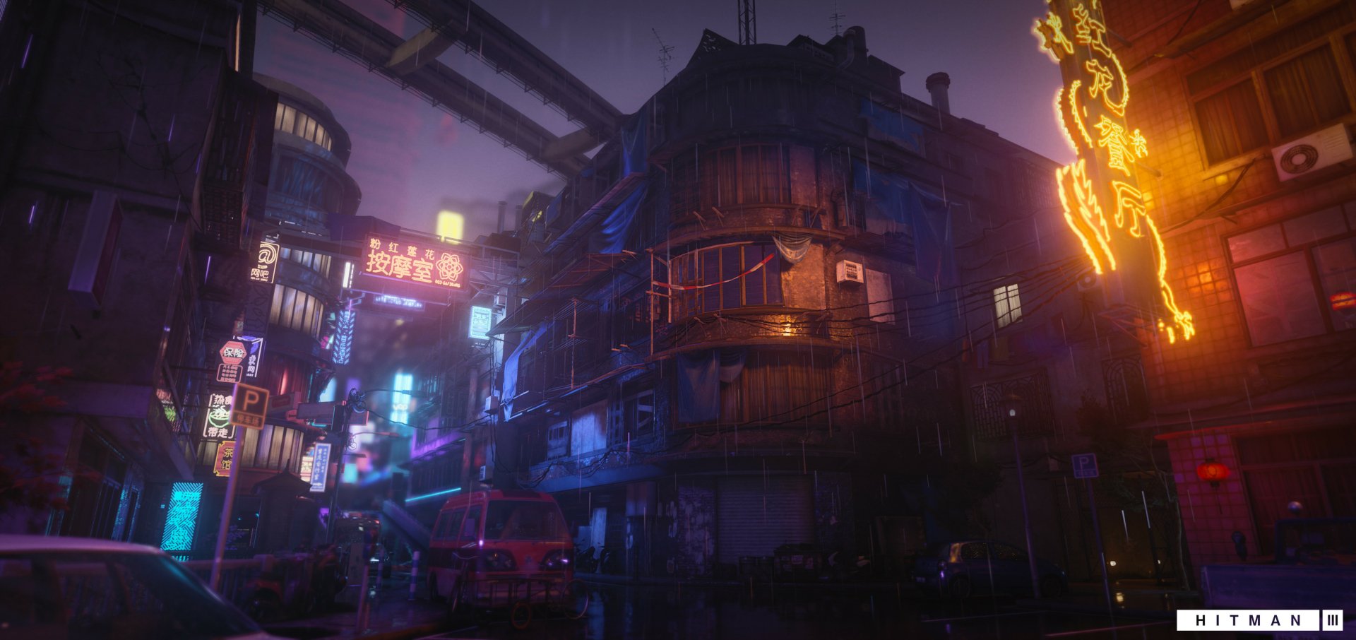 HD desktop wallpaper featuring a neon-lit scene from Hitman 3 with atmospheric urban night settings.