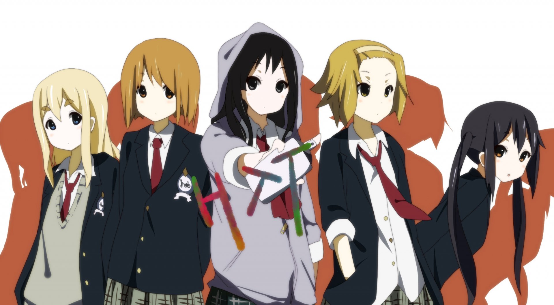 HD PC desktop wallpaper featuring anime characters from K-ON! in school uniforms with a clean white background.