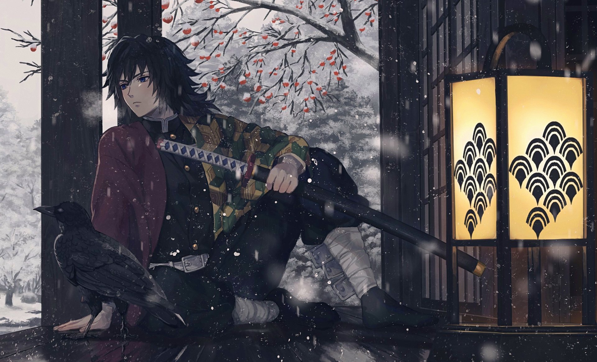 HD desktop wallpaper featuring Giyuu Tomioka from the anime Demon Slayer: Kimetsu no Yaiba. He sits with a sword and a crow in a snowy, serene night setting, with a glowing lantern by his side.